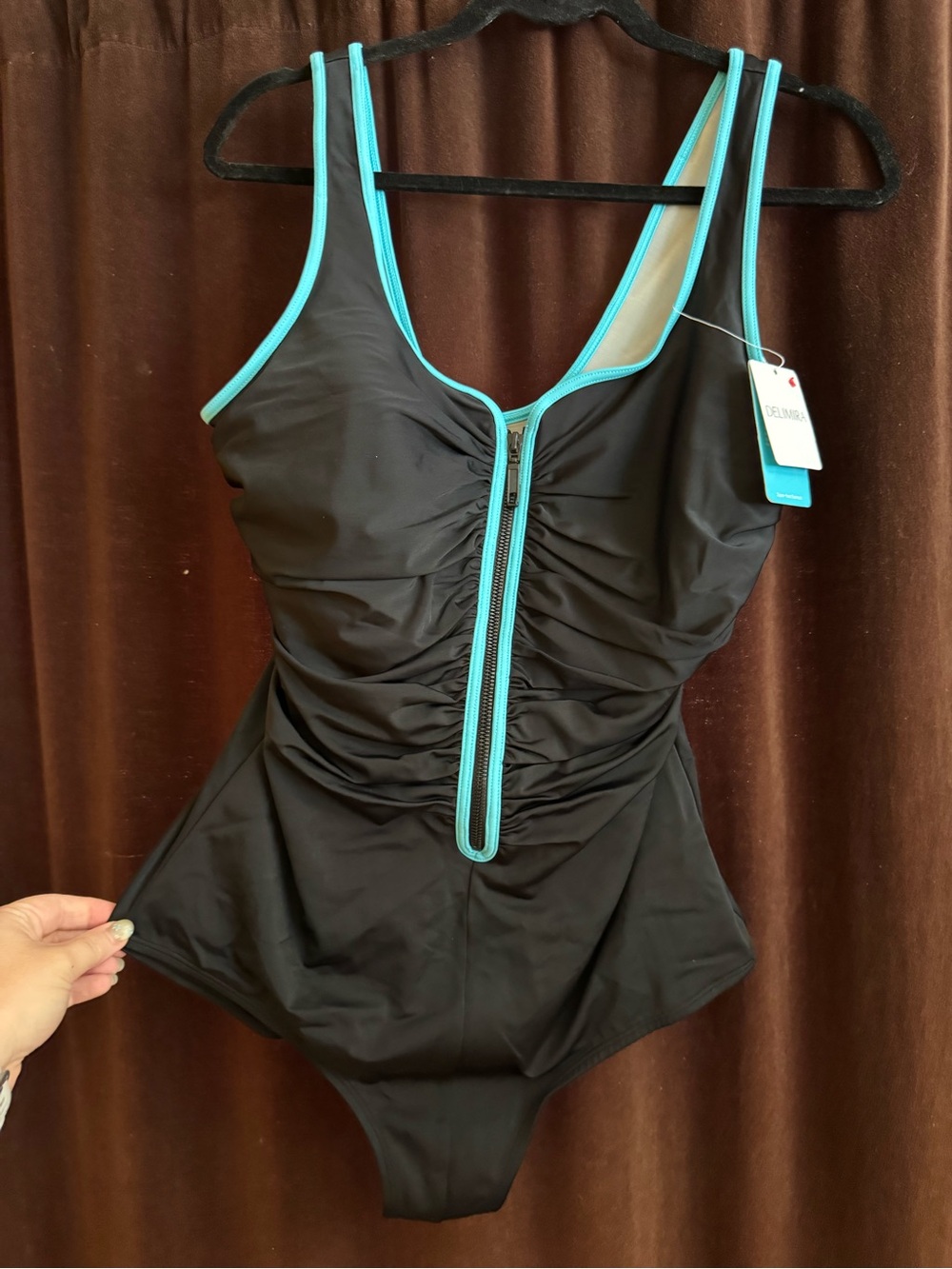 Black One-Piece Swimsuit with Aqua Trim and Front Zip